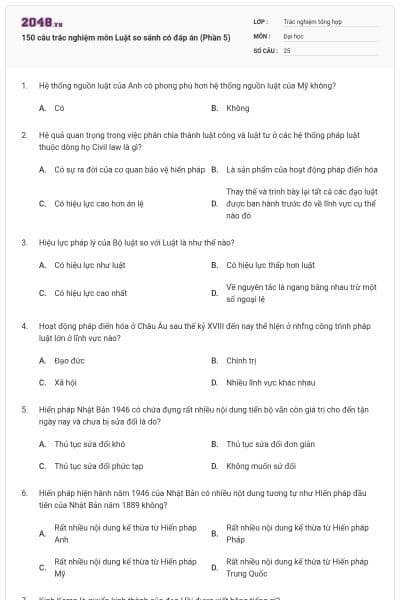 150 câu trắc nghiệm môn Luật so sánh có đáp án (Phần 5)