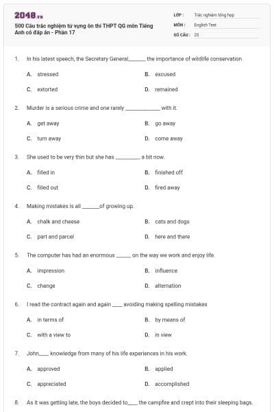 500 Câu trắc nghiệm từ vựng ôn thi THPT QG môn Tiếng Anh có đáp án - Phần 17