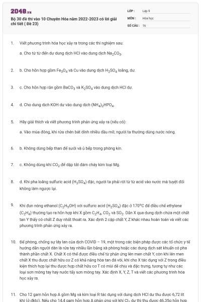 Bộ 30 đề thi vào 10 Chuyên Hóa năm 2022-2023 có lời giải chi tiết ( Đề 23)