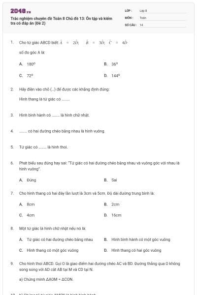 Trắc nghiệm chuyên đề Toán 8 Chủ đề 13: Ôn tập và kiểm tra có đáp án (Đề 2)