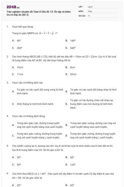Trắc nghiệm chuyên đề Toán 8 Chủ đề 13: Ôn tập và kiểm tra có đáp án (Đề 3)