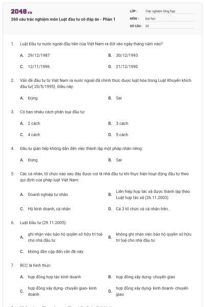 260 câu trắc nghiệm môn Luật đầu tư có đáp án - Phần 1
