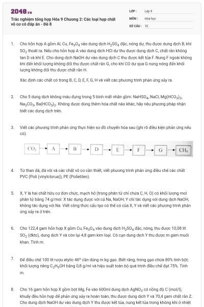 Trắc nghiệm tổng hợp Hóa 9 Chương 2: Các loại hợp chất vô cơ có đáp án - Đề 8
