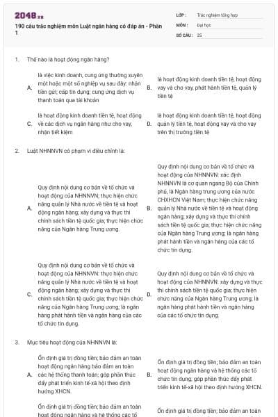190 câu trắc nghiệm môn Luật ngân hàng có đáp án - Phần 1