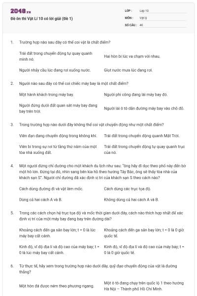 Đề ôn thi Vật Lí 10 có lời giải (Đề 1)