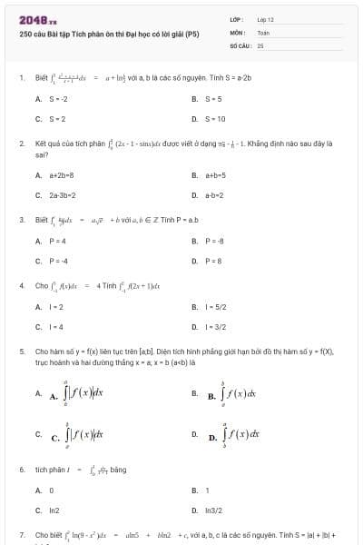 250 câu Bài tập Tích phân ôn thi Đại học có lời giải (P5)