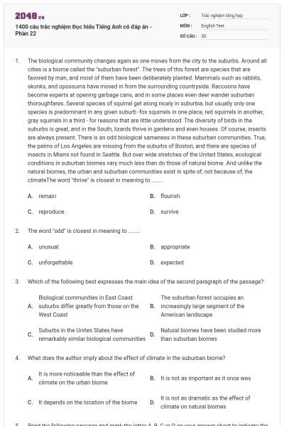 1400 câu trắc nghiệm Đọc hiểu Tiếng Anh có đáp án - Phần 22