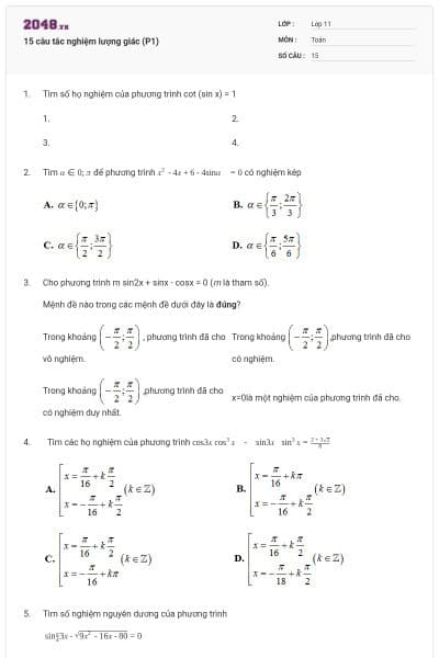 15 câu tắc nghiệm lượng giác (P1)