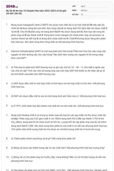 Bộ 30 đề thi vào 10 Chuyên Hóa năm 2022-2023 có lời giải chi tiết ( Đề 26)
