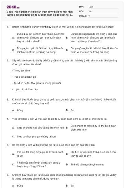 9 câu Trắc nghiệm Viết bài văn trình bày ý kiến về một hiện tượng đời sống được gợi ra từ cuốn sách đã đọc Kết nối tri thức có đáp án (Phần 2)