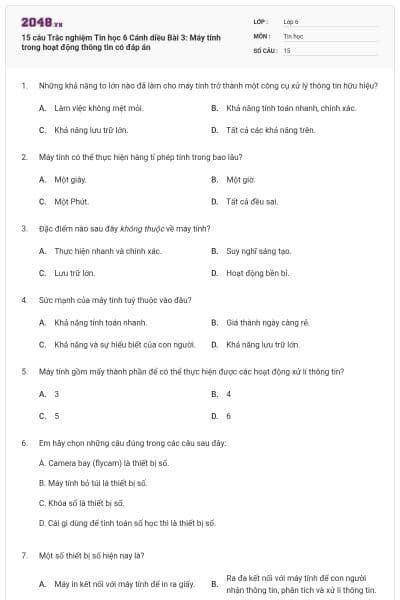15 câu Trắc nghiệm Tin học 6 Cánh diều Bài 3: Máy tính trong hoạt động thông tin có đáp án
