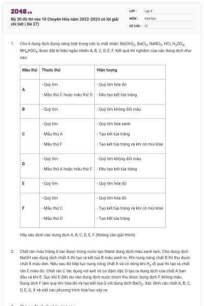 Bộ 30 đề thi vào 10 Chuyên Hóa năm 2022-2023 có lời giải chi tiết ( Đề 27)