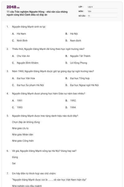 11 câu Trắc nghiệm Nguyên Hồng - nhà văn của những người cùng khổ Cánh diều có đáp án