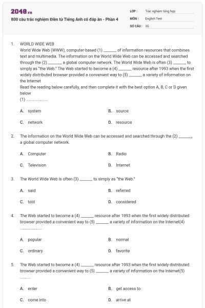 800 câu trắc nghiệm Điền từ Tiếng Anh có đáp án - Phần 4