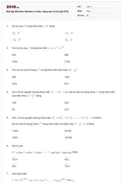 Bài tập Nhị thức Newton cơ bản, nâng cao có lời giải (P3)