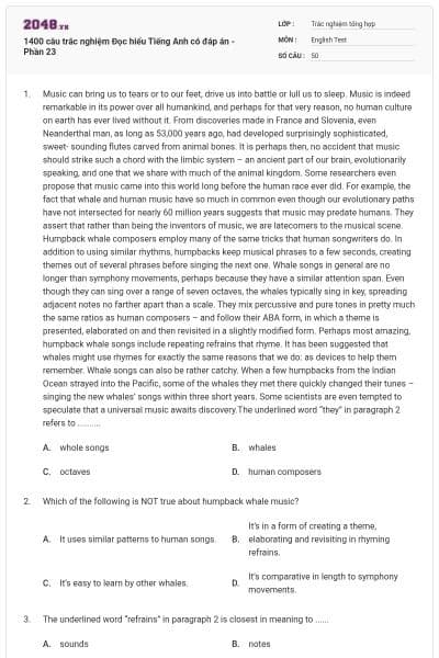 1400 câu trắc nghiệm Đọc hiểu Tiếng Anh có đáp án - Phần 23