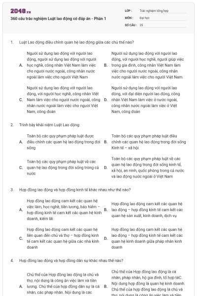 360 câu trắc nghiệm Luật lao động có đáp án - Phần 1