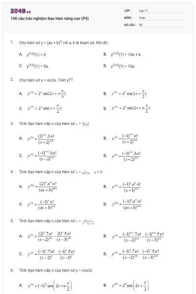 100 câu trắc nghiệm Đạo hàm nâng cao (P4)