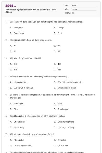 30 câu Trắc nghiệm Tin học 6 Kết nối tri thức Bài 11 có đáp án