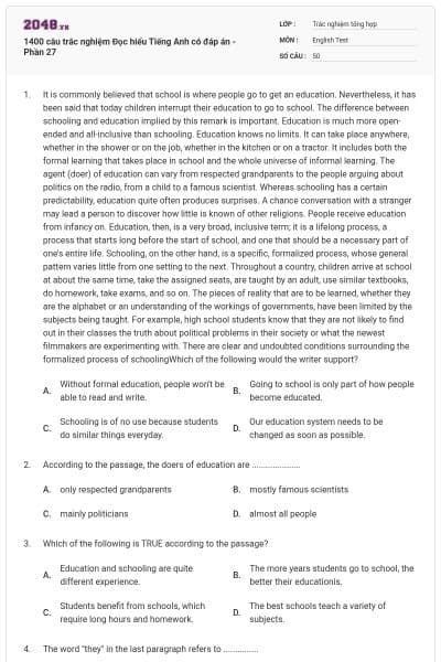 1400 câu trắc nghiệm Đọc hiểu Tiếng Anh có đáp án - Phần 27