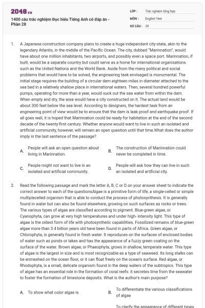 1400 câu trắc nghiệm Đọc hiểu Tiếng Anh có đáp án - Phần 28