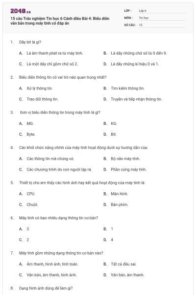 15 câu Trắc nghiệm Tin học 6 Cánh diều Bài 4: Biểu diễn văn bản trong máy tính có đáp án