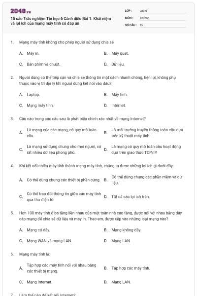 15 câu Trắc nghiệm Tin học 6 Cánh diều Bài 1: Khái niệm và lợi ích của mạng máy tính có đáp án