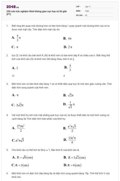 250 câu trắc nghiệm Hình không gian cực hay có lời giải (P7)
