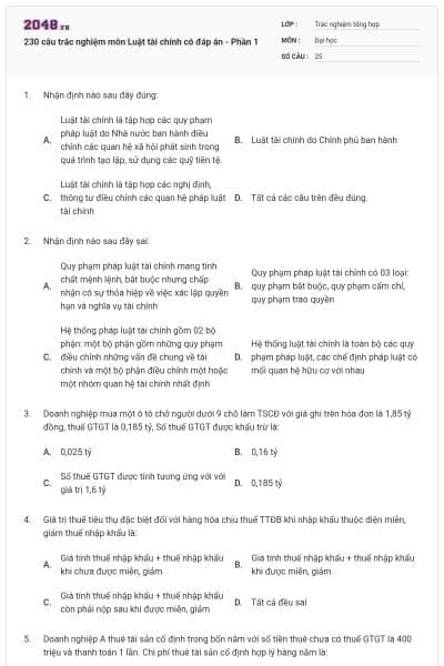 230 câu trắc nghiệm môn Luật tài chính có đáp án - Phần 1