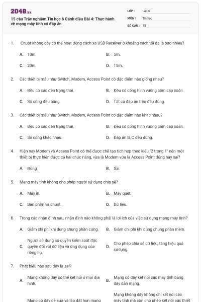 15 câu Trắc nghiệm Tin học 6 Cánh diều Bài 4: Thực hành về mạng máy tính có đáp án