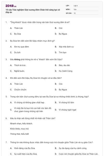 10 câu Trắc nghiệm Giọt sương đêm Chân trời sáng tạo có đáp án