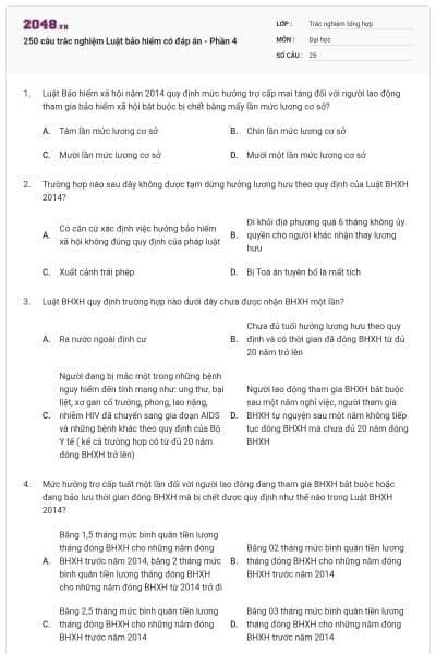 250 câu trắc nghiệm Luật bảo hiểm có đáp án - Phần 4