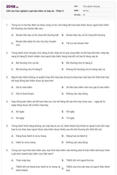 250 câu trắc nghiệm Luật bảo hiểm có đáp án - Phần 5