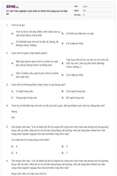 21 câu Trắc nghiệm Cụm tính từ Chân trời sáng tạo có đáp án