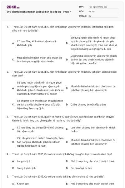 290 câu trắc nghiệm môn Luật Du lịch có đáp án - Phần 7