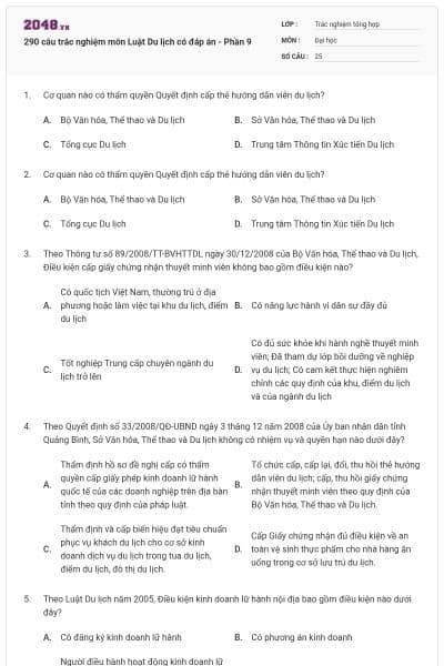 290 câu trắc nghiệm môn Luật Du lịch có đáp án - Phần 9
