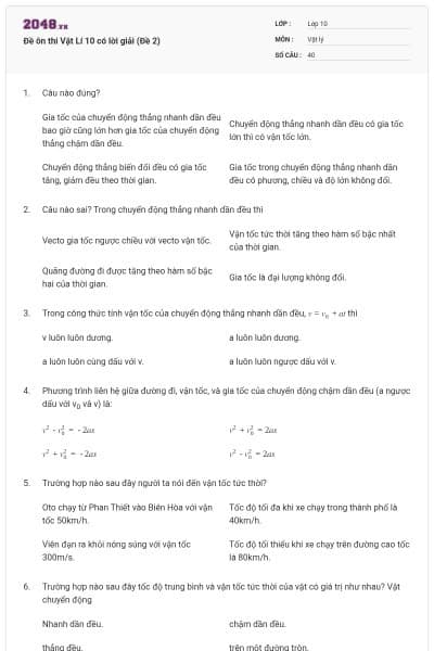Đề ôn thi Vật Lí 10 có lời giải (Đề 2)