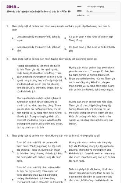 290 câu trắc nghiệm môn Luật Du lịch có đáp án - Phần 10