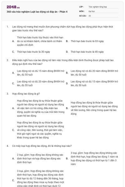 360 câu trắc nghiệm Luật lao động có đáp án - Phần 4