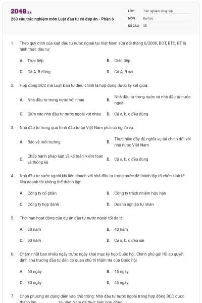 260 câu trắc nghiệm môn Luật đầu tư có đáp án - Phần 6