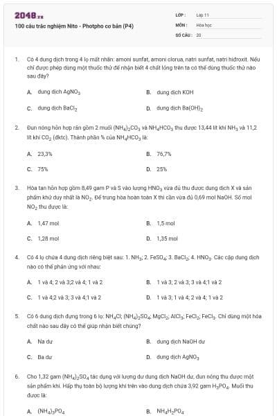 100 câu trắc nghiệm Nito - Photpho cơ bản (P4)