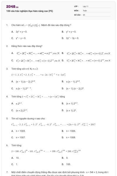 100 câu trắc nghiệm Đạo hàm nâng cao (P5)