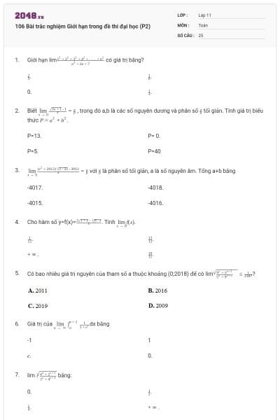 106 Bài trắc nghiệm Giới hạn trong đề thi đại học (P2)