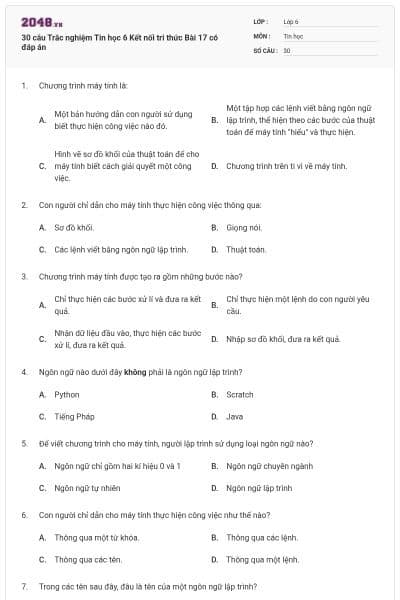 30 câu Trắc nghiệm Tin học 6 Kết nối tri thức Bài 17 có đáp án