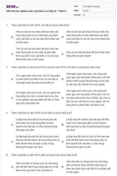 260 câu trắc nghiệm môn Luật đầu tư có đáp án - Phần 8