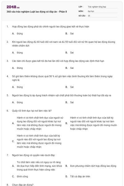 360 câu trắc nghiệm Luật lao động có đáp án - Phần 8