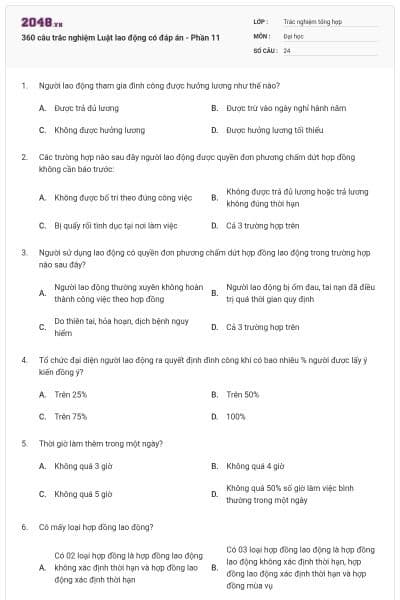 360 câu trắc nghiệm Luật lao động có đáp án - Phần 11