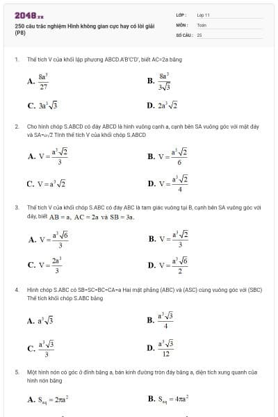 250 câu trắc nghiệm Hình không gian cực hay có lời giải (P8)