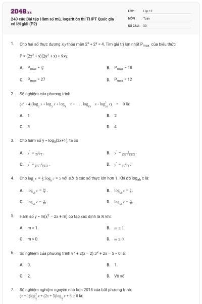 240 câu Bài tập Hàm số mũ, logarit ôn thi THPT Quốc gia có lời giải (P2)