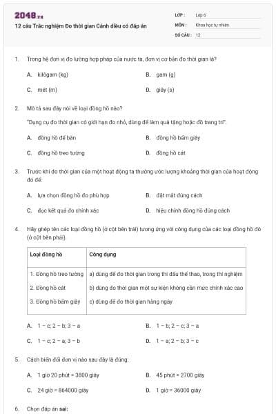 12 câu Trắc nghiệm Đo thời gian Cánh diều có đáp án